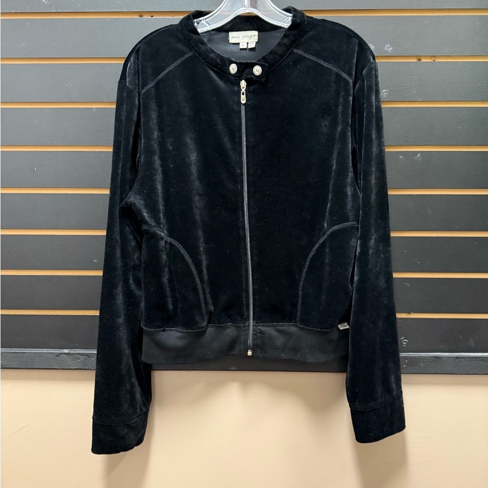 Max Sport Black Velour Zip Front Jacket Size XL